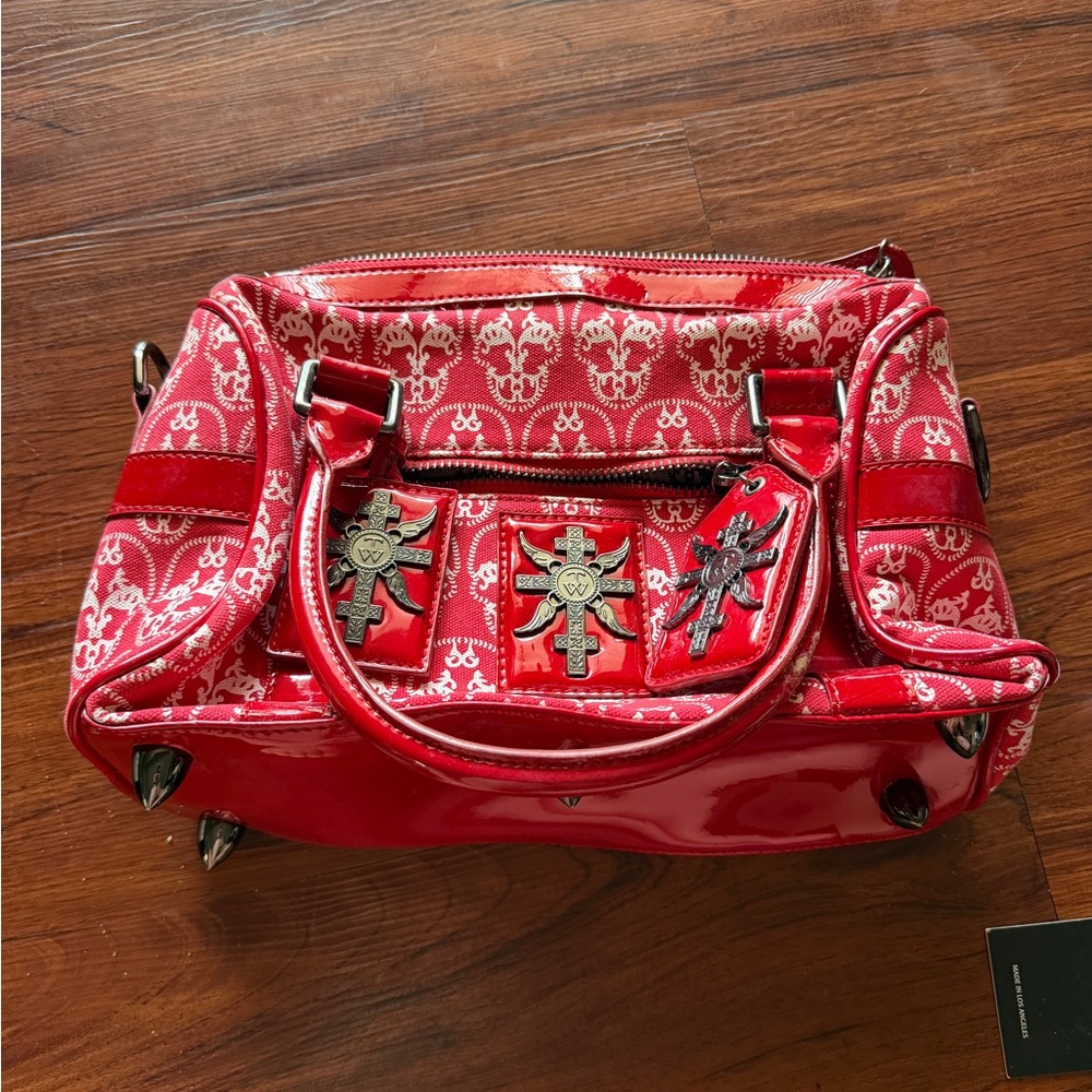 Thomas Wylde Red Patent Monogram Satchel with Cross Hardware